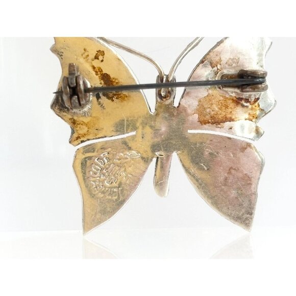 Butterfly Shaped Mexican Made Abalone Shell Inlay Vintage Sterling Silver Brooch - Picture 4 of 10